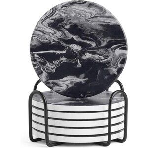 Coasters Set of 6 Absorbent Drink Coasters with Holder, Black Marble